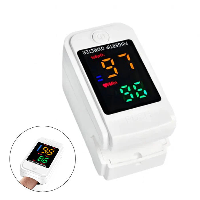 White LED pulse oximeter with hinged finger clip and screen showing SpO2 and pulse