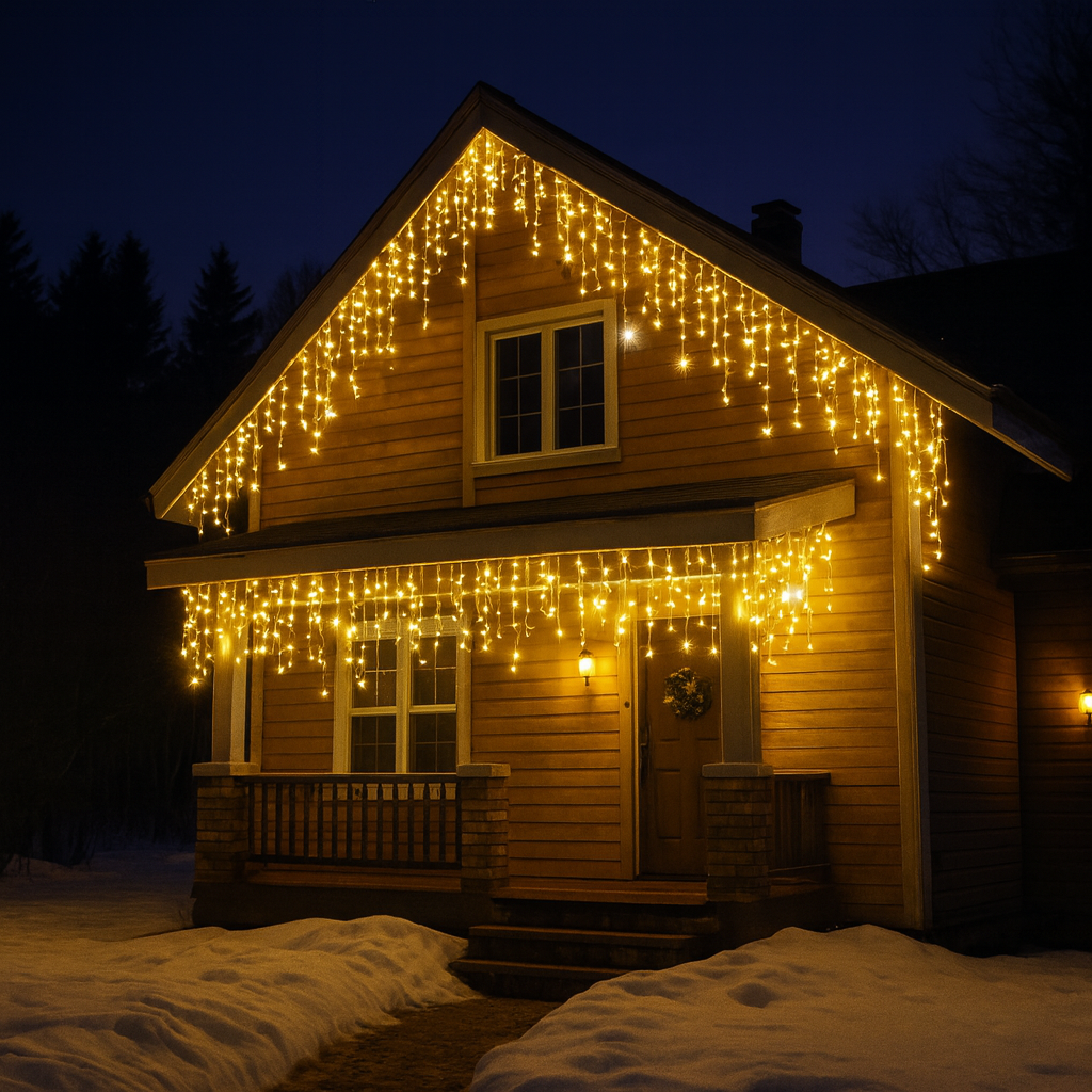 Warm white LED curtain lights outlining a home roof and windows at night