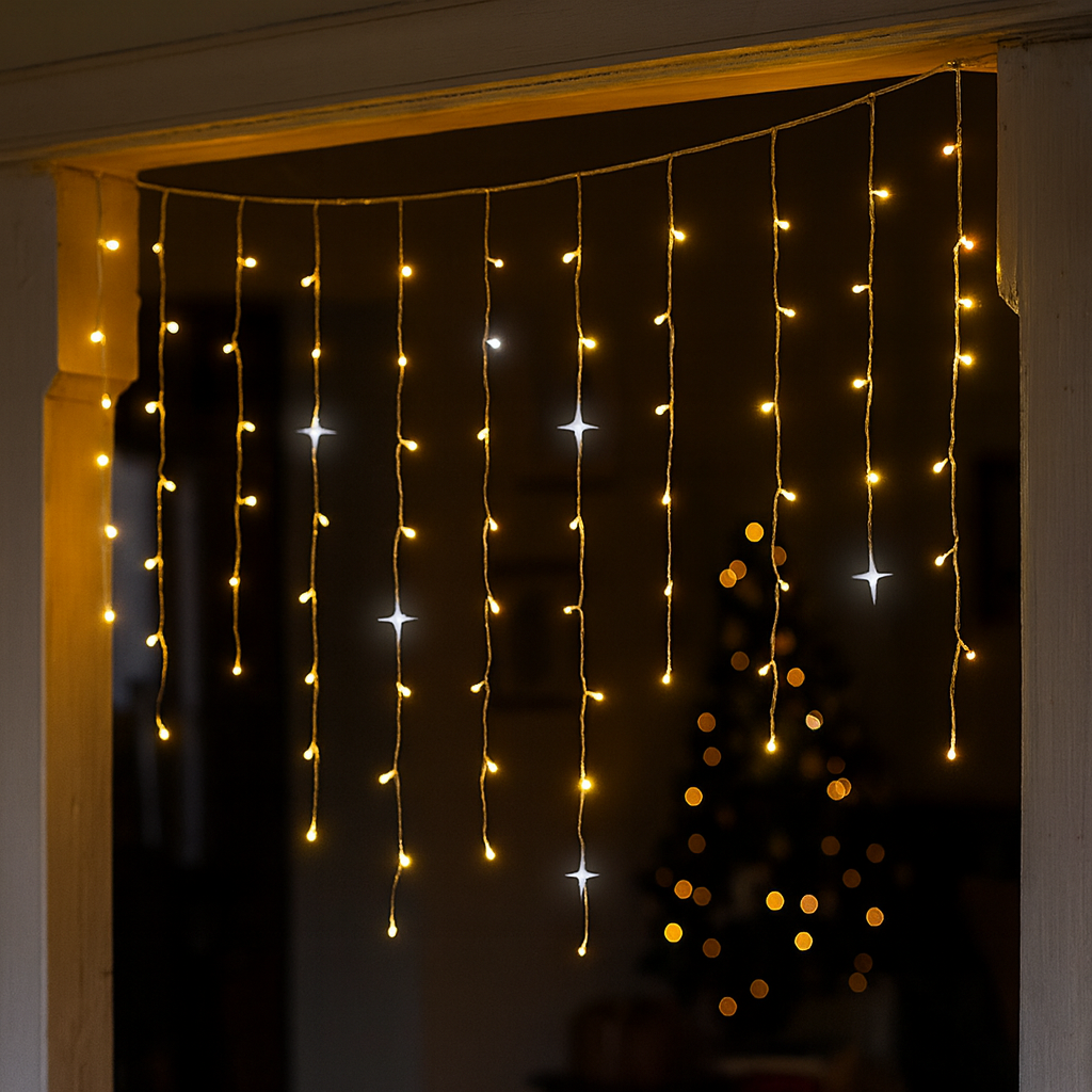 Close-up warm white LED light curtain strands with hanging sparkling bulbs
