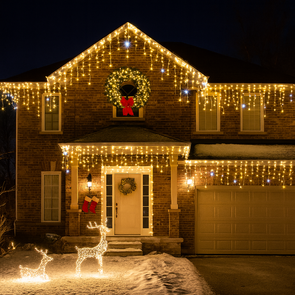 Warm white LED light curtain string lights, hanging across house front eaves
