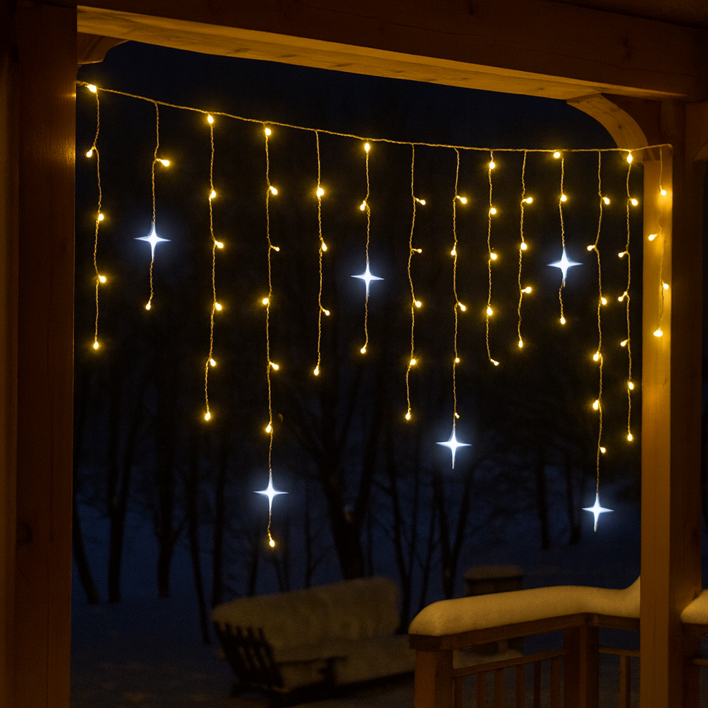 Warm white LED light curtain with vertical dangling bulbs, overhead window display