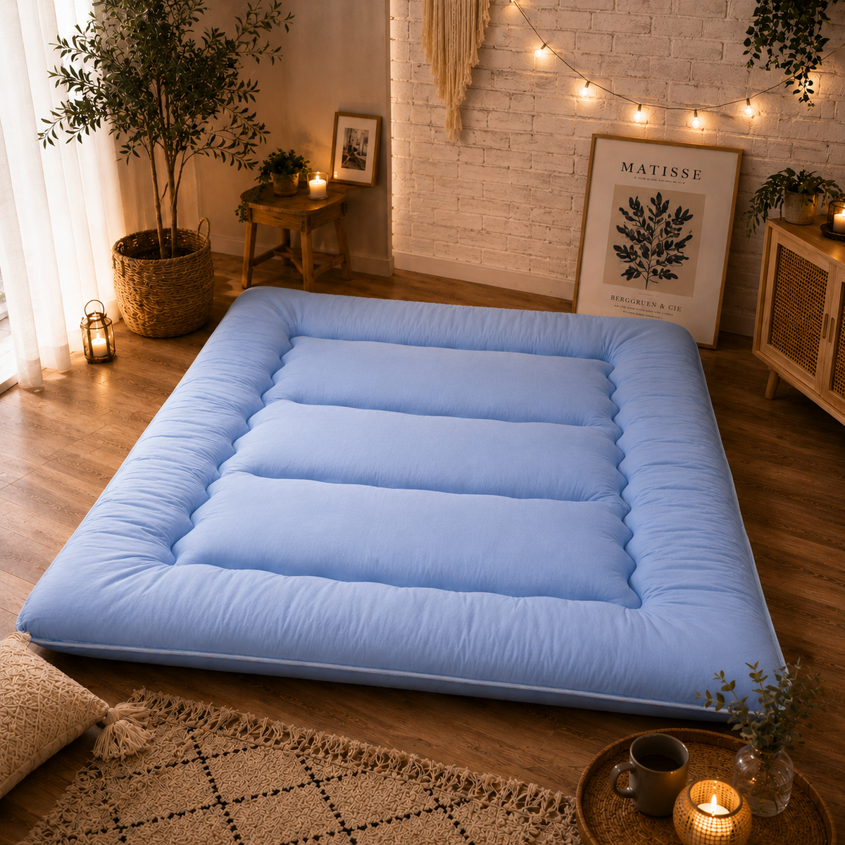 Foldable floor futon mattress, light blue quilted padded sections