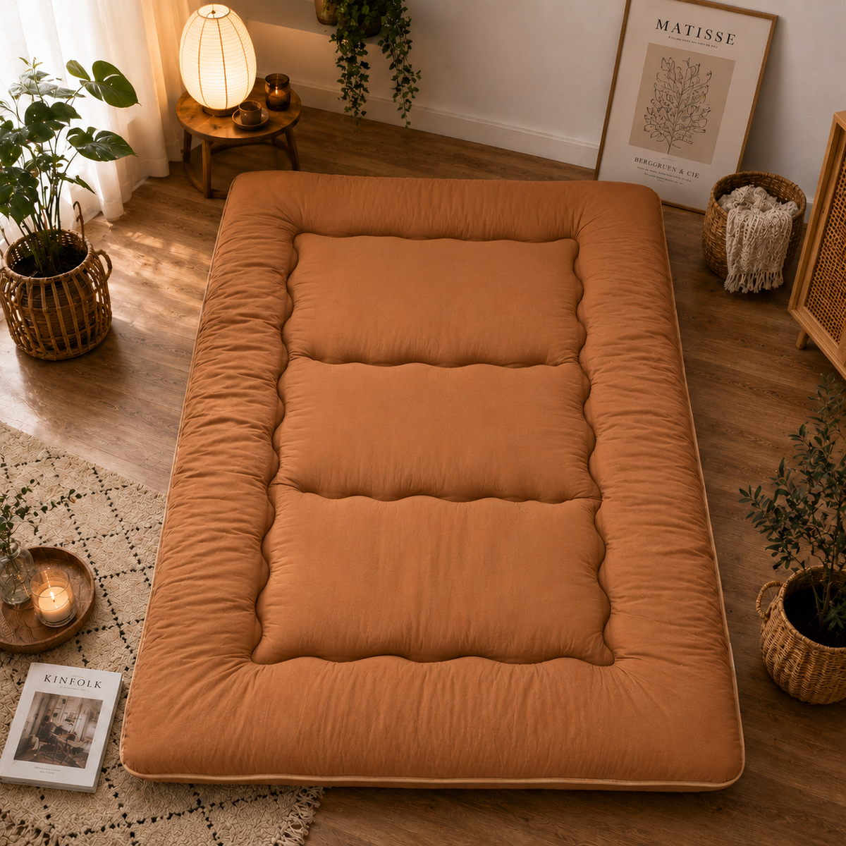 Foldable floor futon mattress, warm brown quilted padded sections