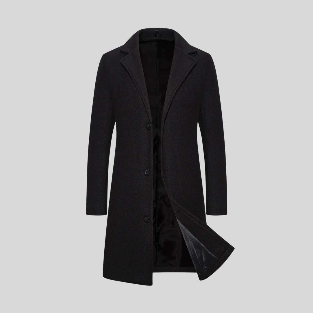 Wrap-front notch lapel coat, black color view