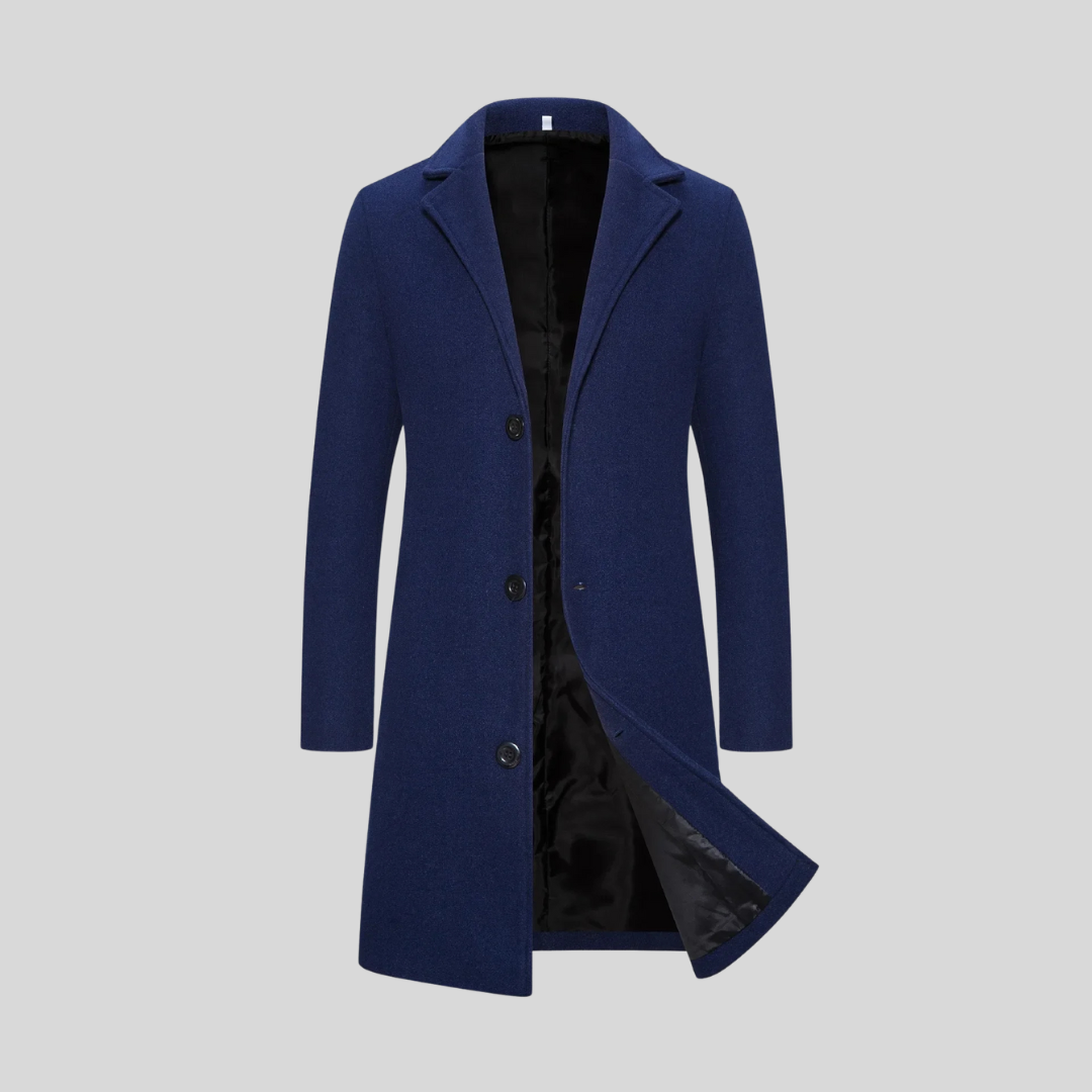 Wrap-front notch lapel coat, navy blue color view