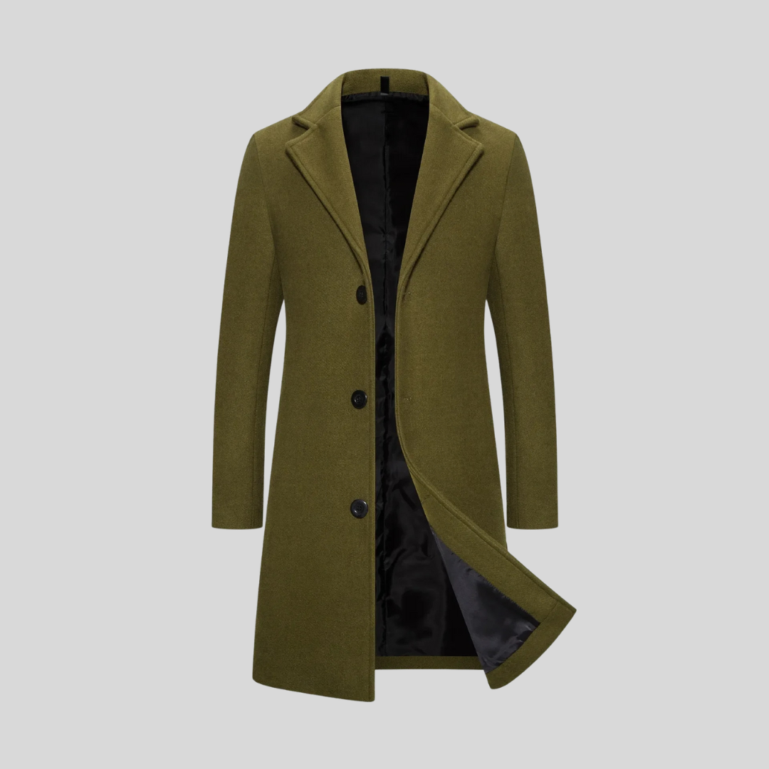 Wrap-front notch lapel coat, military green color view