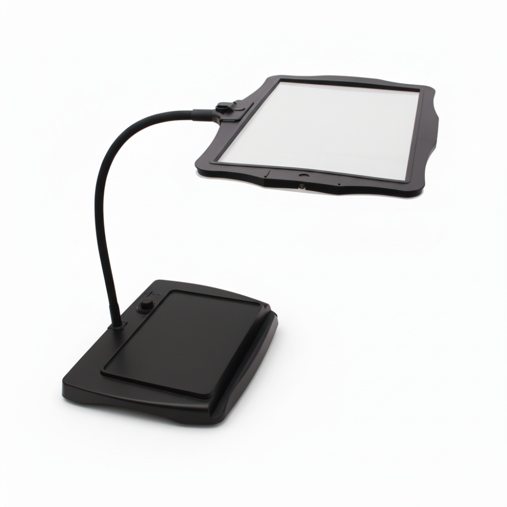 Black LED magnifier reading lamp with rectangular lens, gooseneck arm, flat base.