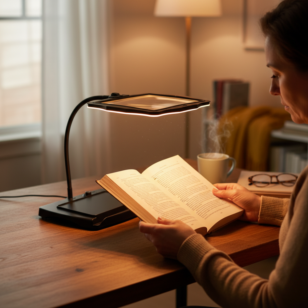 Black LED magnifier lamp with illuminated rectangular lens over an open book.
