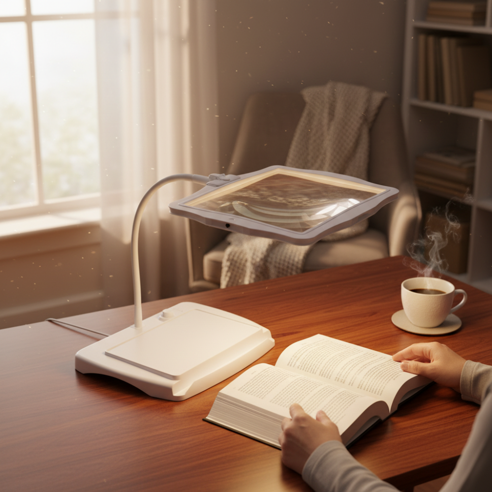 White LED magnifier reading lamp with lit rectangular lens over an open book.