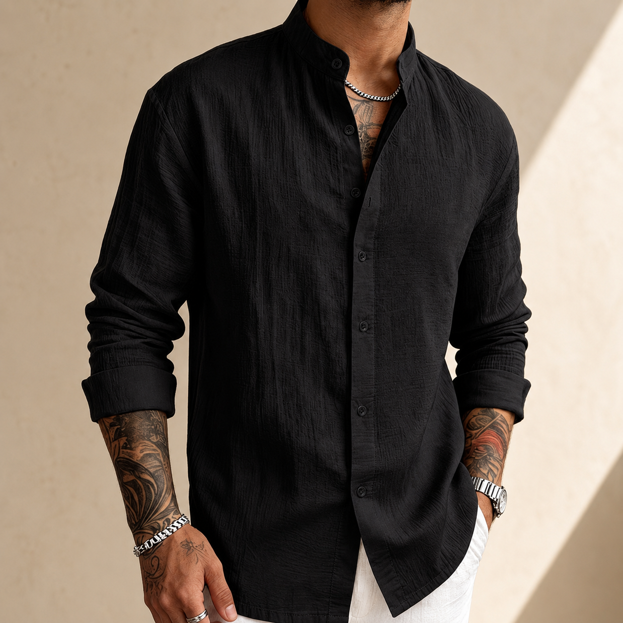 Men's Textured Henley Collar Button Shirt