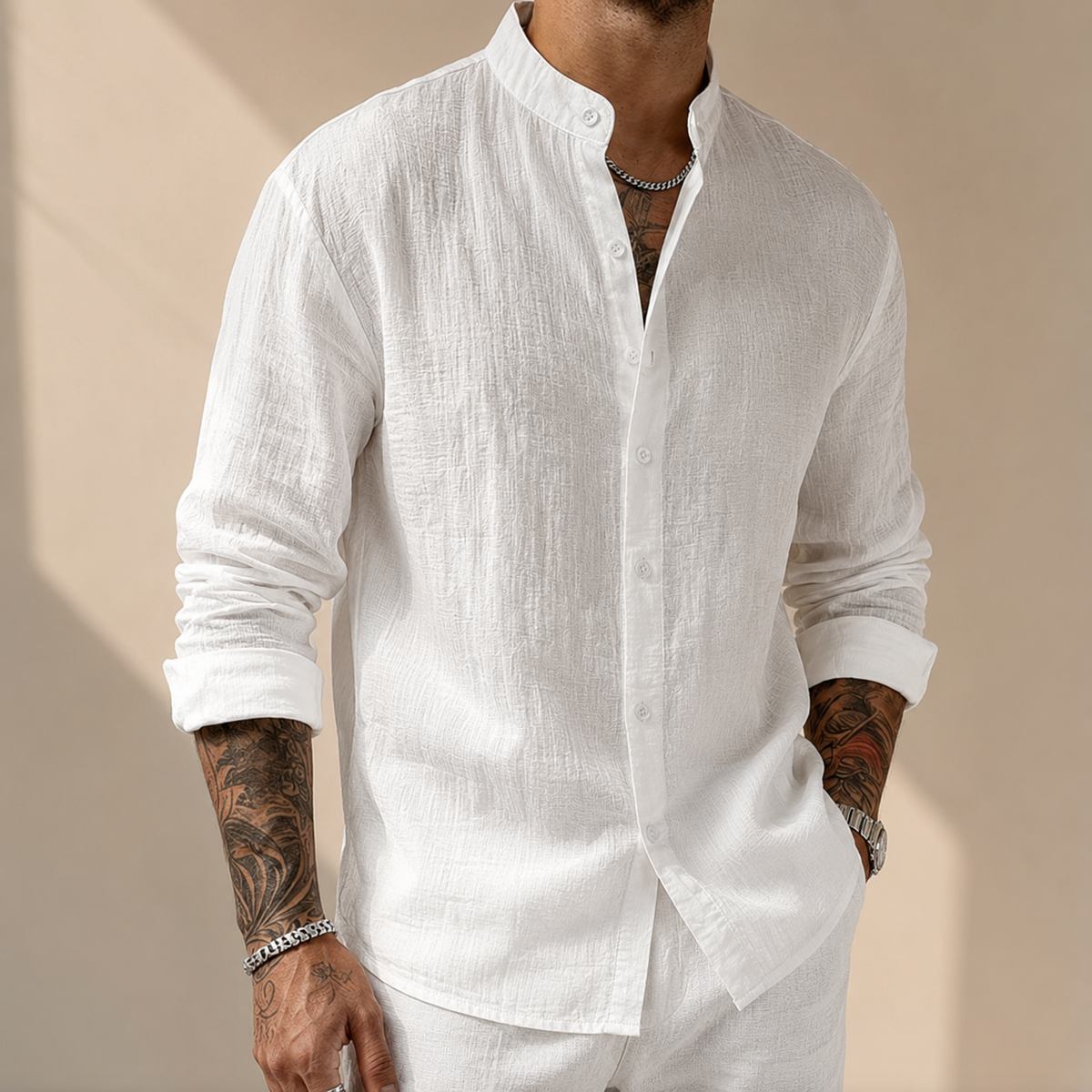 White textured henley button shirt with stand collar and long sleeves