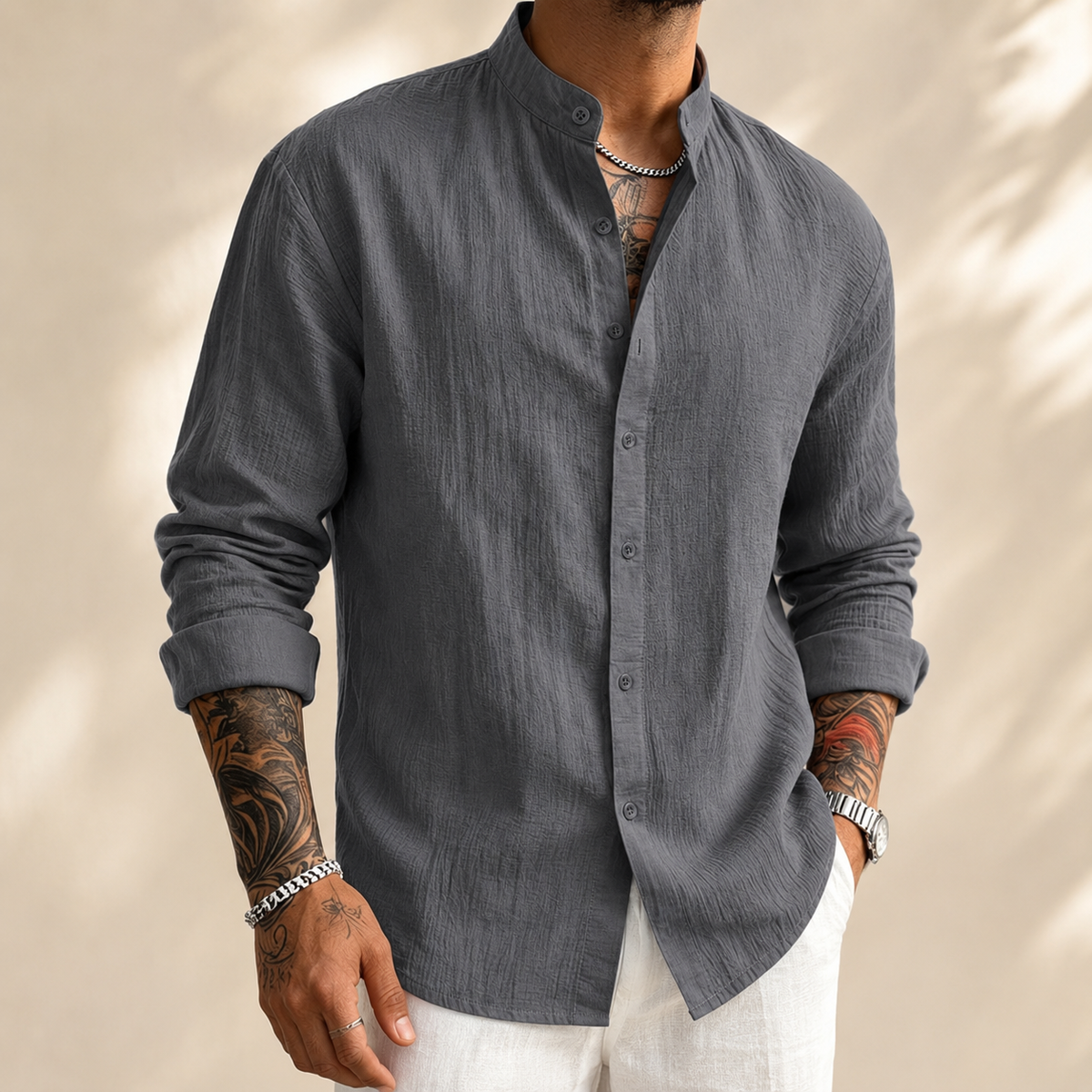 Gray textured henley button shirt with stand collar and long sleeves