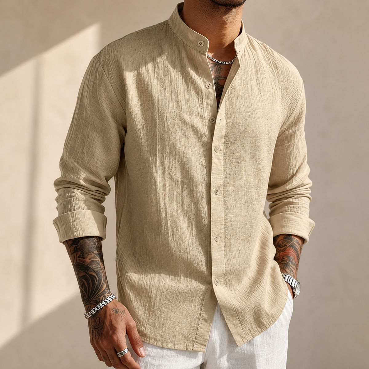 Beige textured henley button shirt with stand collar and long sleeves