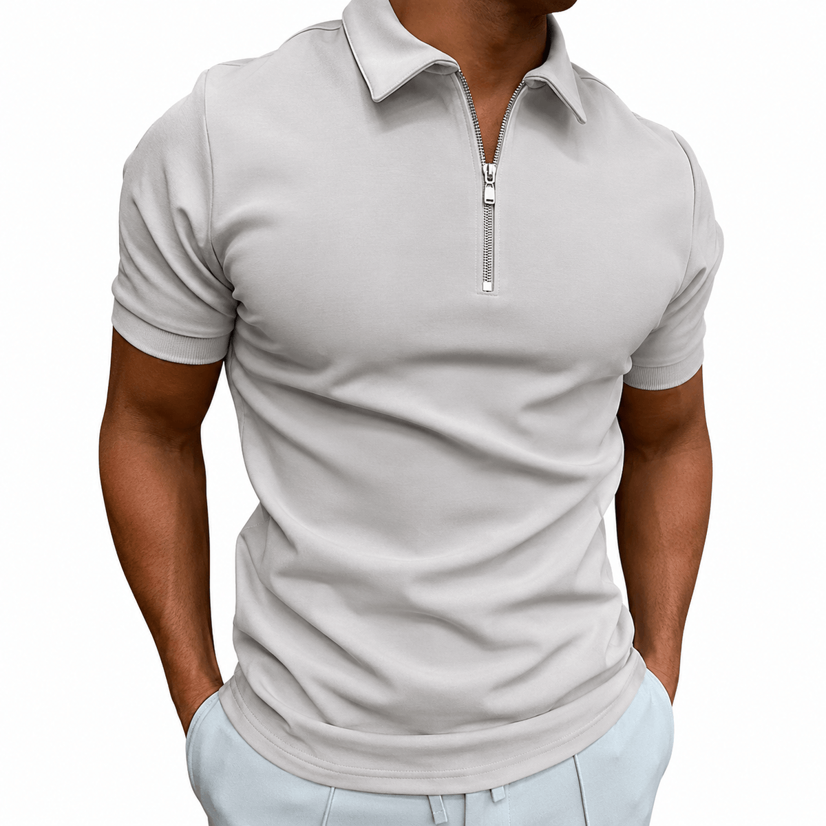 Slim fit half-zip polo, light gray front view