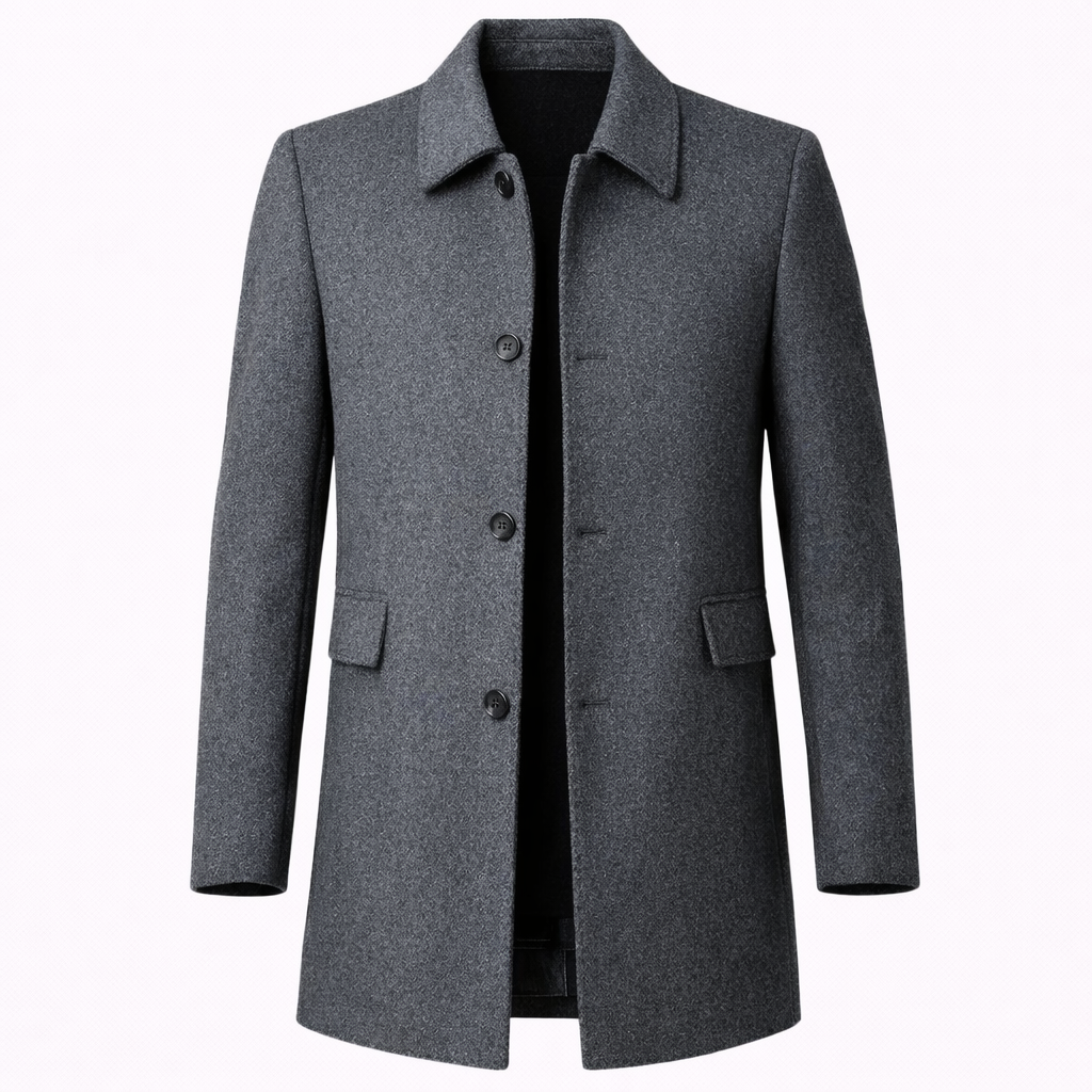 Men's gray tailored overcoat with notched lapel, button front, and side patch pockets.