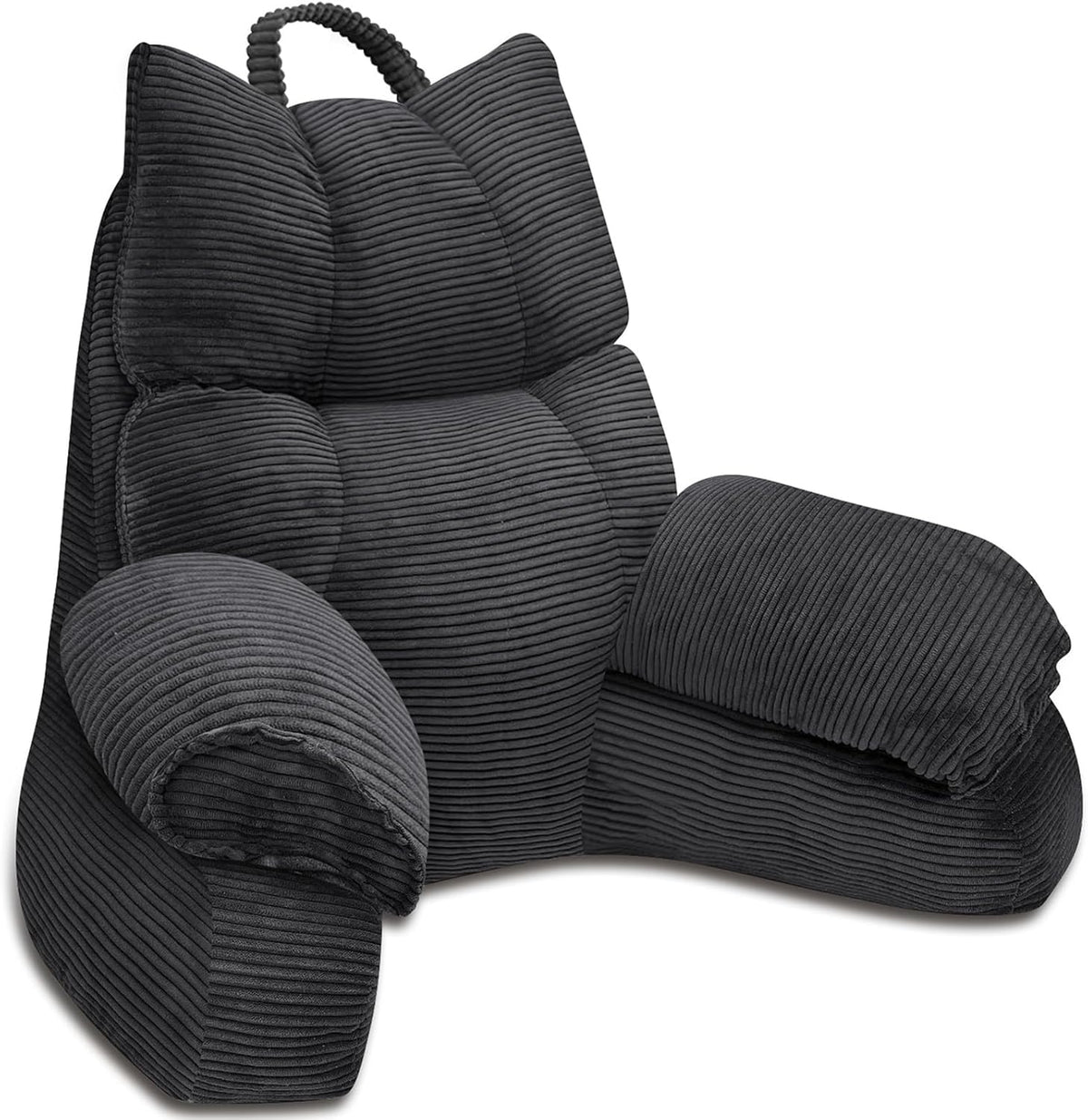 Dark grey striped memory foam lounge pillow with headrest and arm support bolsters