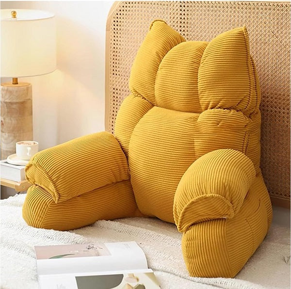 Yellow striped memory foam lounge pillow with headrest and arm support bolsters