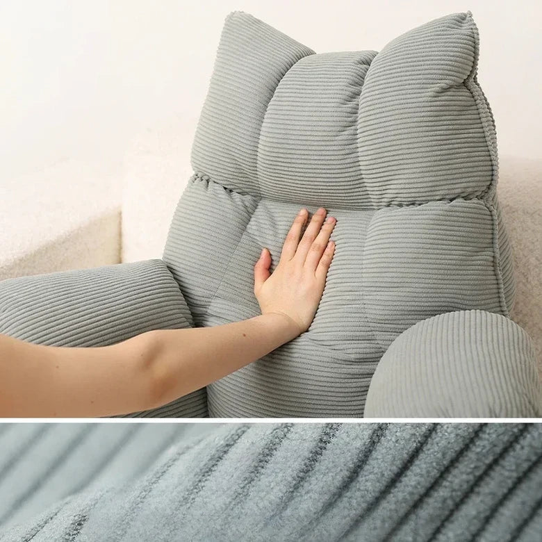 Grey striped memory foam lounge pillow with headrest and side arm support