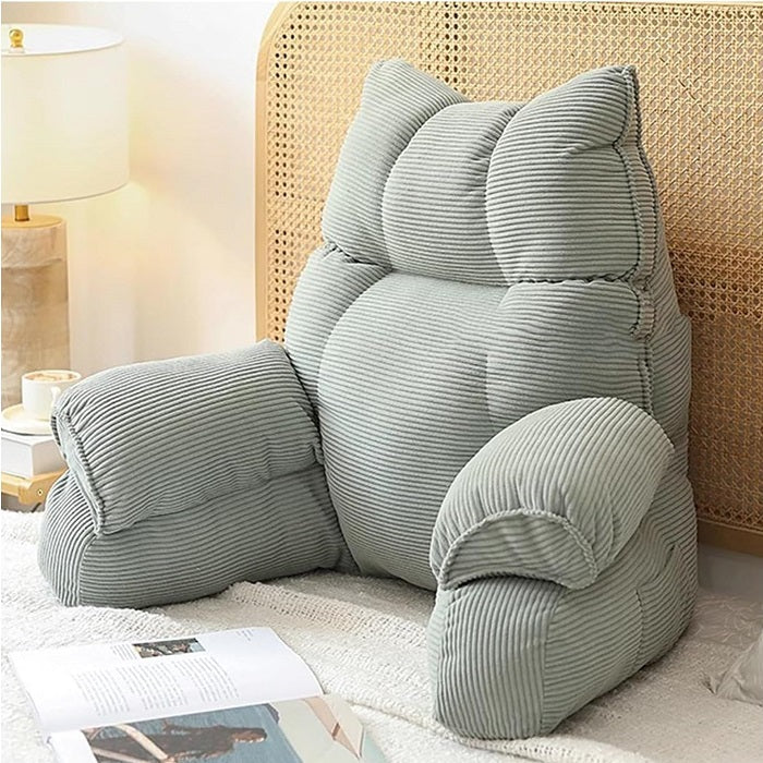 Light grey striped memory foam lounge pillow with headrest and arm support bolsters