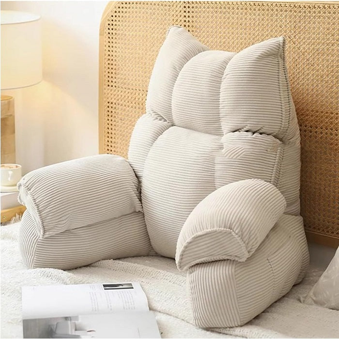 Cream striped memory foam lounge pillow with headrest and side arm support bolsters