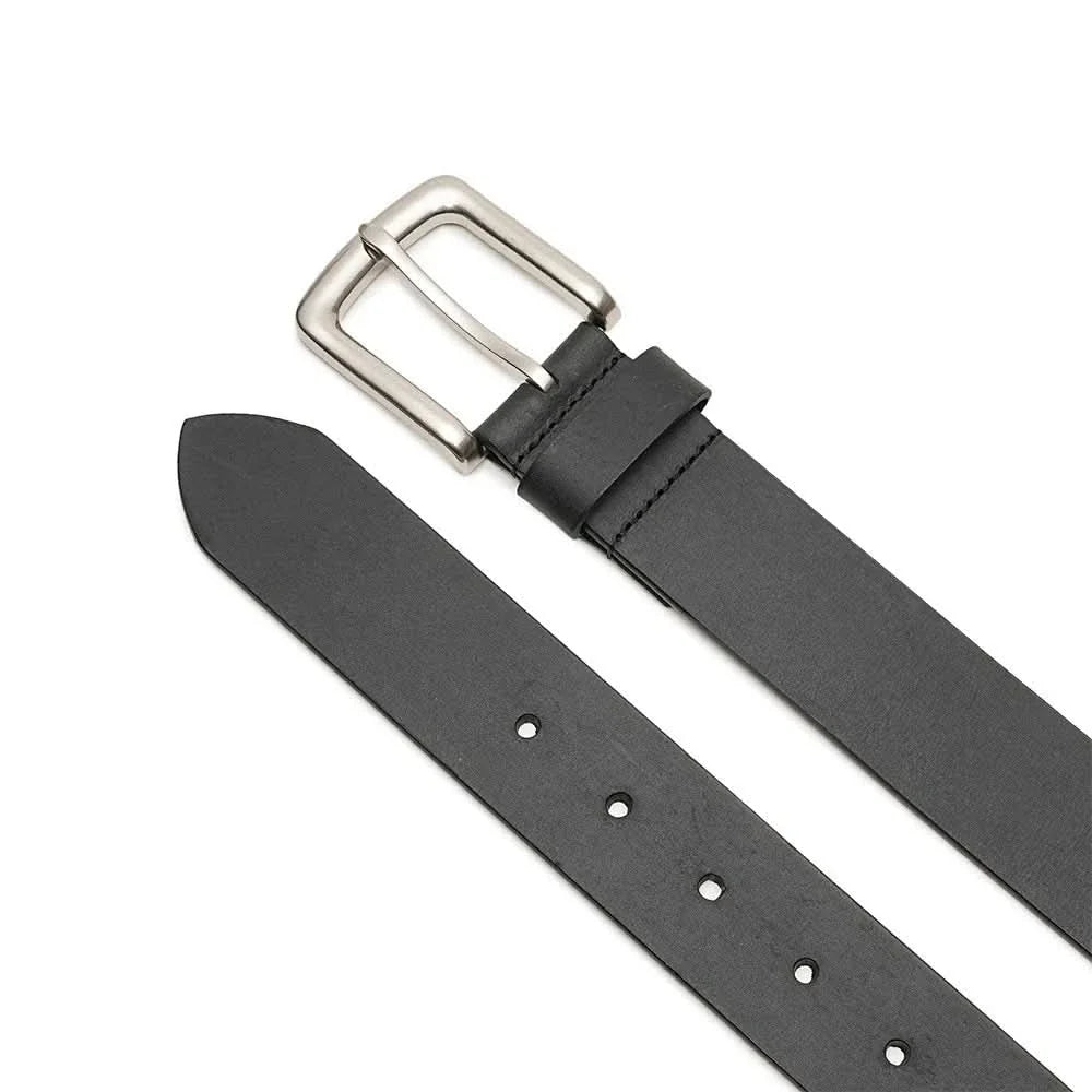 Black leather belt with silver-tone buckle and multiple punched adjustment holes