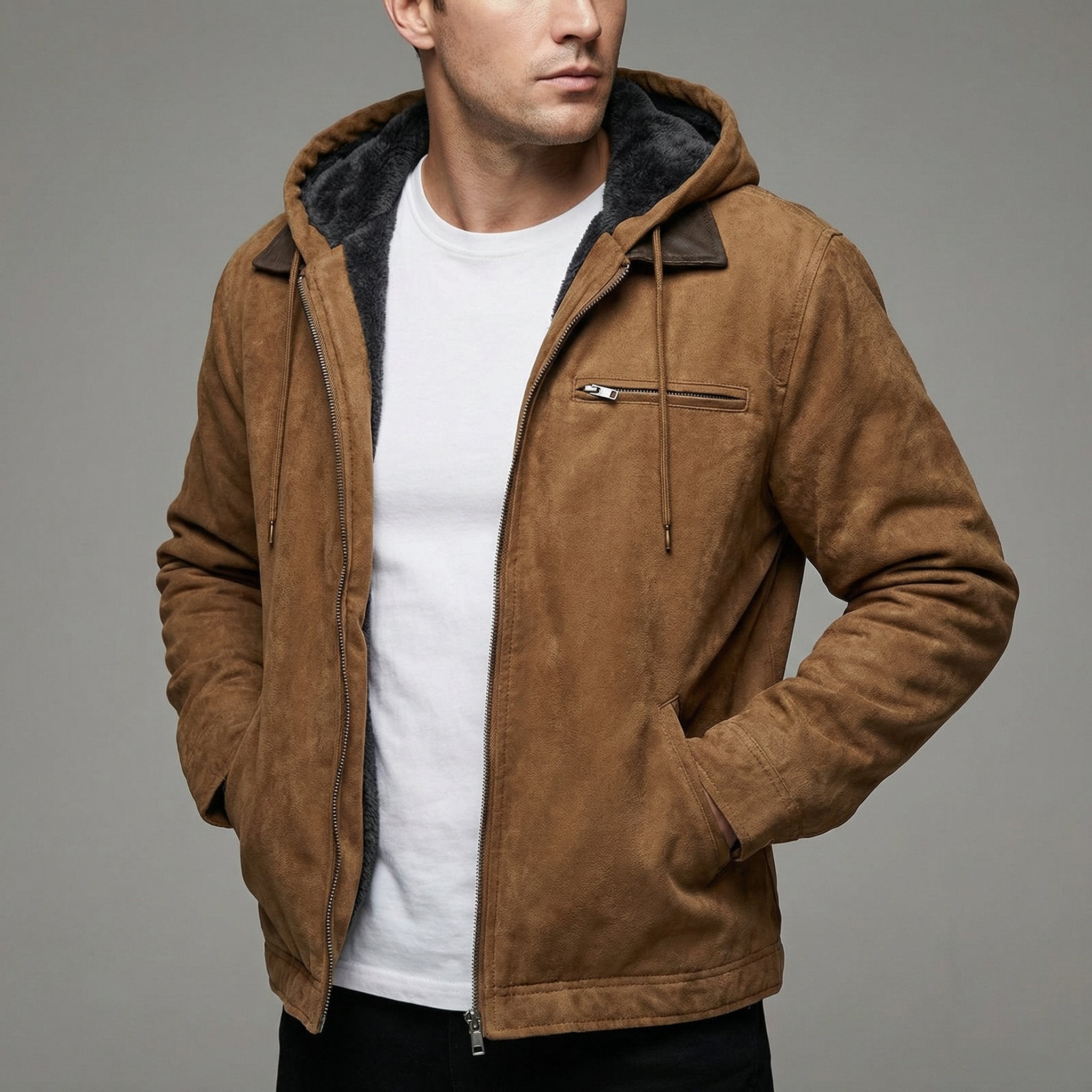 Men's Fleece-Lined Suede-Effect Hooded Jacket