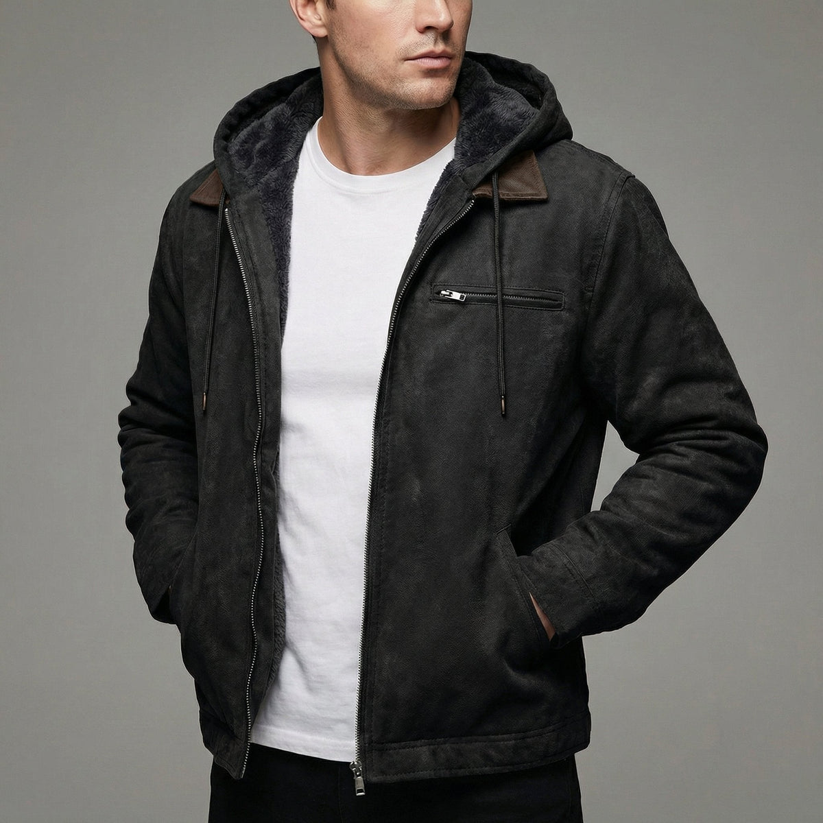 Men's fleece-lined hooded jacket in black suede-effect with zip front and fleece hood