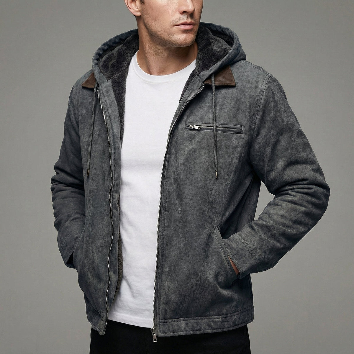 Men's fleece-lined hooded jacket in gray suede-effect with zip front and fleece hood