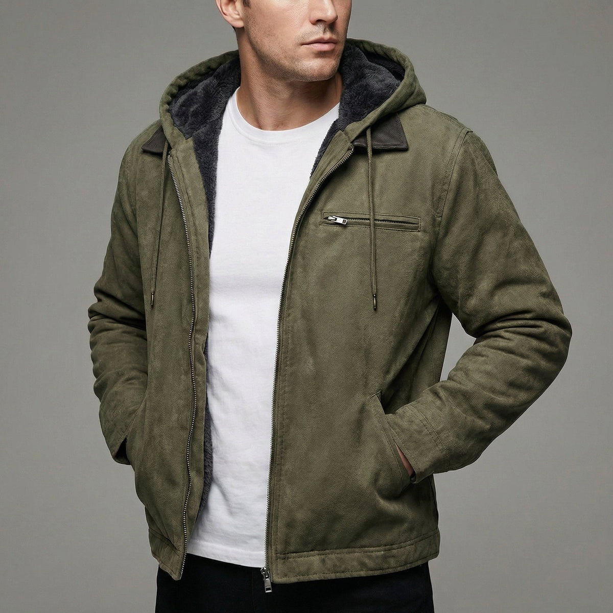 Men's fleece-lined hooded jacket in army green suede-effect with zip front and fleece hood