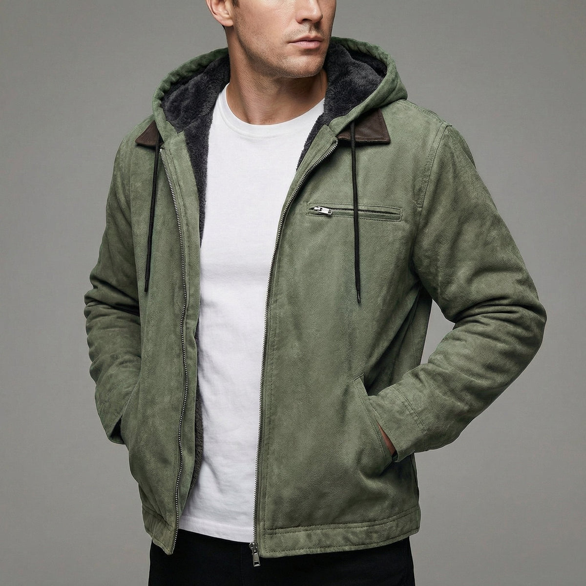 Men's fleece-lined hooded jacket in green suede-effect with zip front and fleece hood