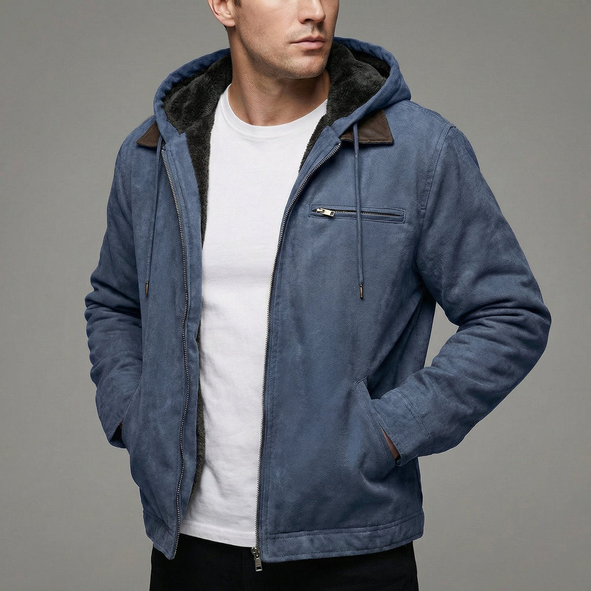 Men's fleece-lined hooded jacket in navy blue suede-effect with zip front and fleece hood