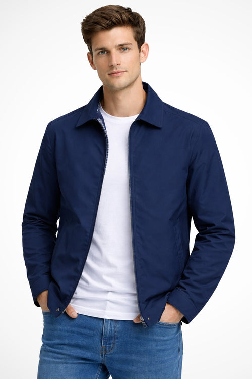 Dark blue zip-front Harrington jacket with stand collar and side pockets