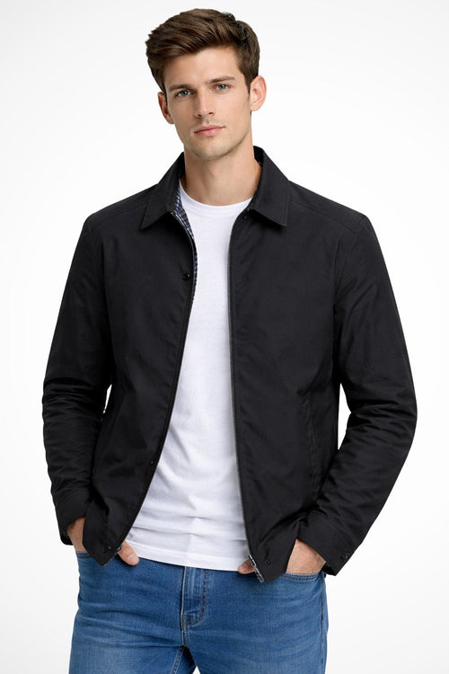 Black zip-front Harrington jacket with stand collar and side pockets