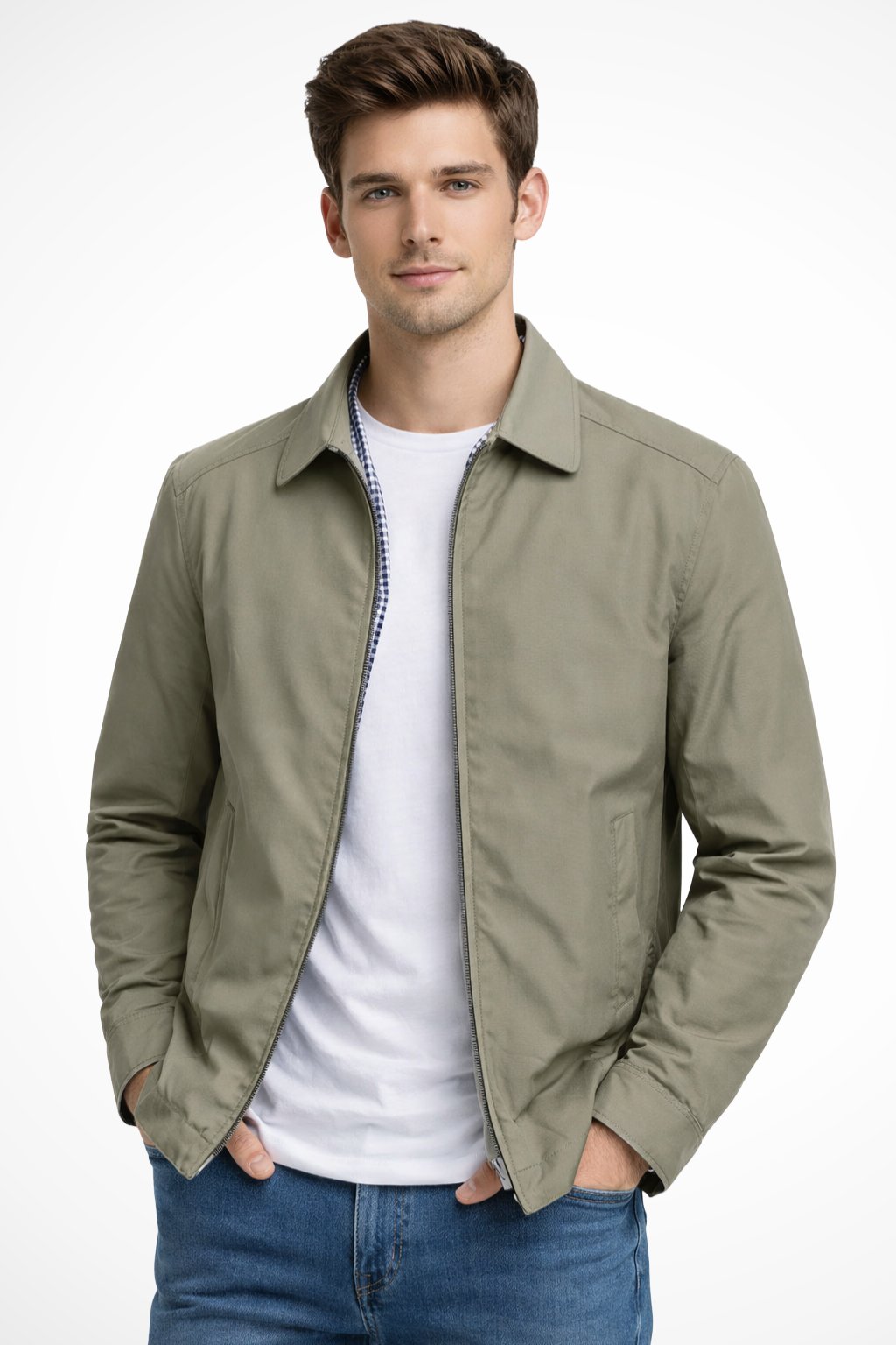 Sage green zip-front Harrington jacket with stand collar and side pockets
