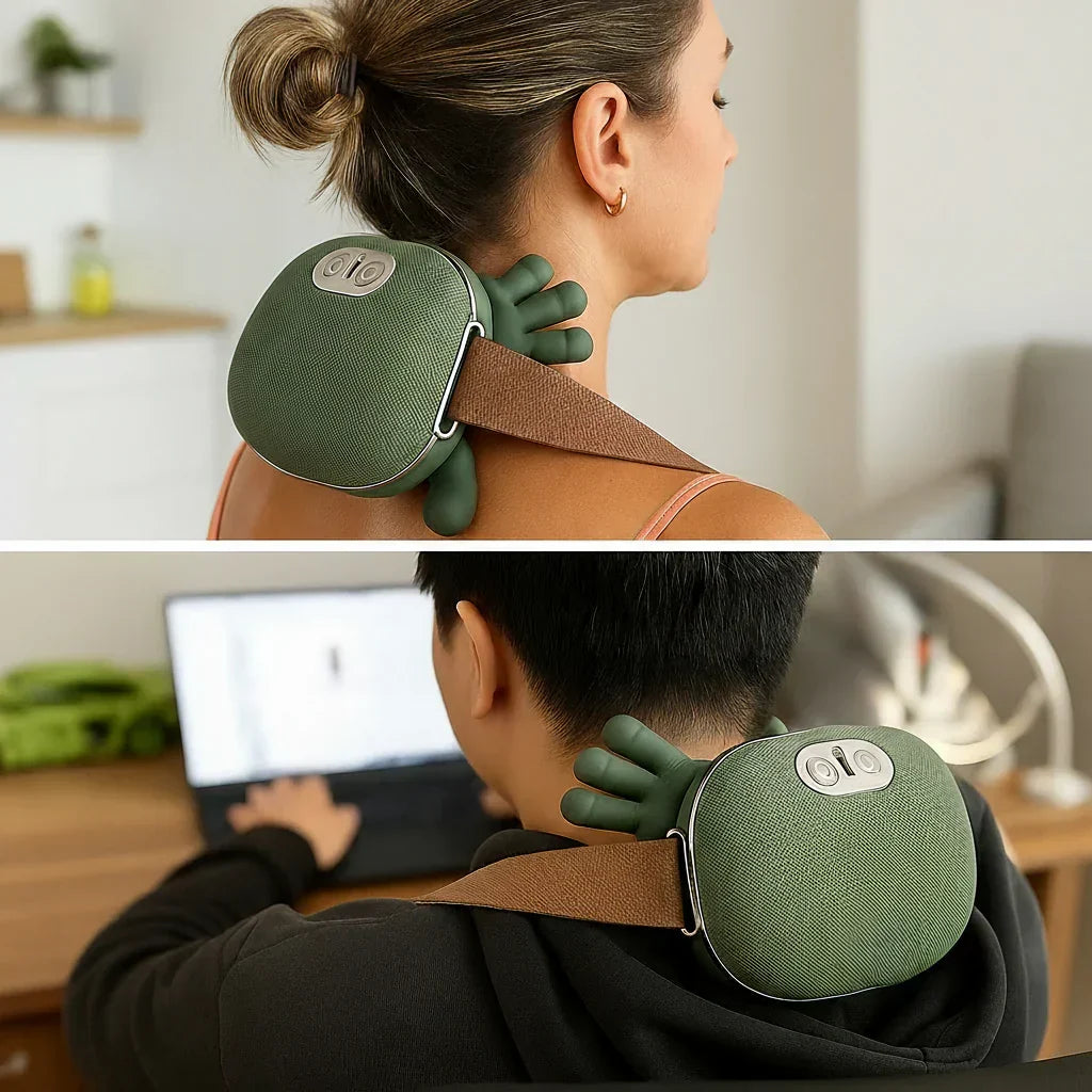 Green neck massager with brown strap, shown from side on neck and shoulders
