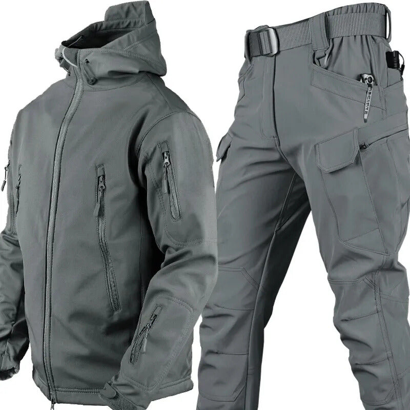 Waterproof fleece-lined outdoor set, light grey hooded jacket and cargo pants