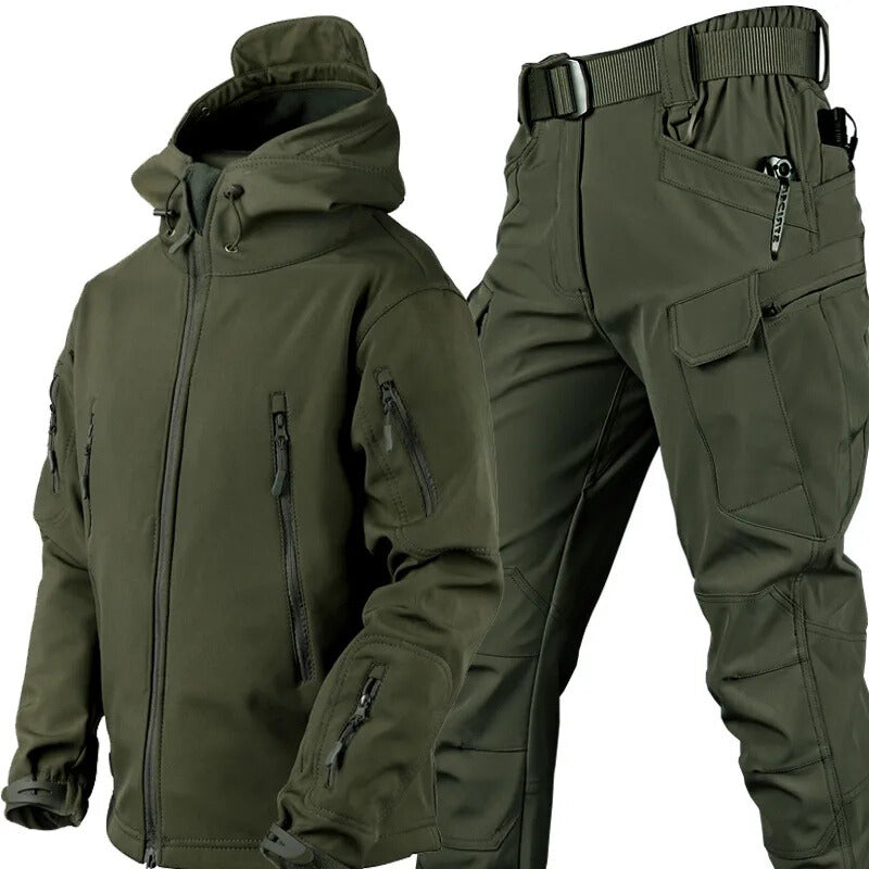 Dark olive outdoor jacket and pants set with hood and multiple zip pockets