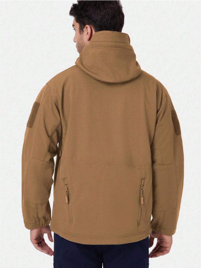 Beige outdoor jacket with hood and back view, featuring zippered front pockets