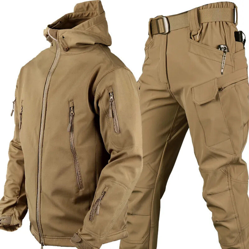 Beige outdoor jacket and pants set with hood, front zips, and utility pockets