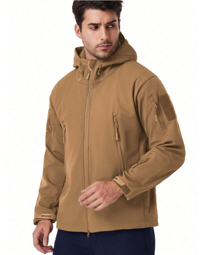Tan outdoor jacket with hood, front zipper, and zippered sleeve and chest pockets