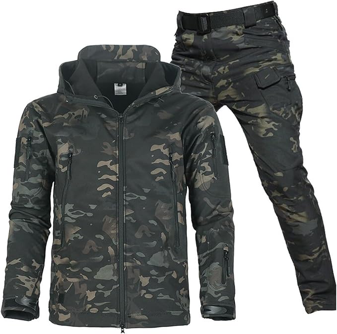 Camouflage outdoor jacket and pants set with hood, front zipper, and cargo pockets