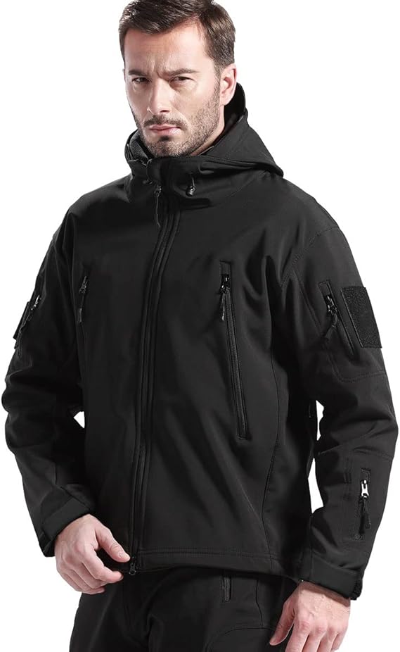 Waterproof fleece-lined outdoor jacket, black zip-up with hood and side pockets