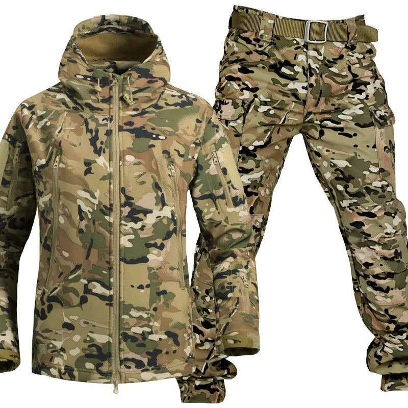 Camouflage outdoor set with hooded jacket and matching cargo pants