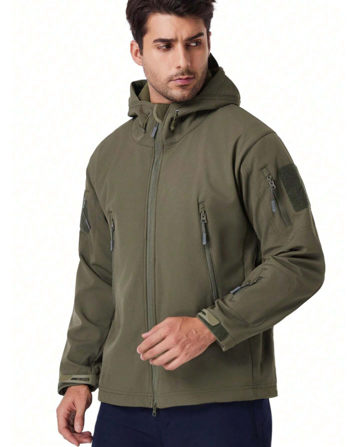 Waterproof fleece-lined outdoor jacket, olive green zip-up with hood