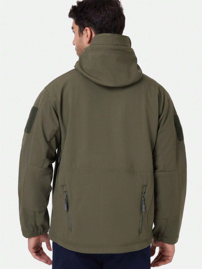 Waterproof fleece-lined outdoor jacket, olive green back view with hood