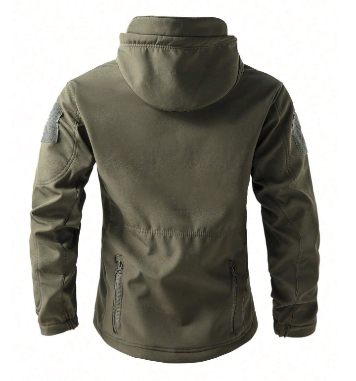 Waterproof fleece-lined outdoor jacket, olive green with hood and zip pockets
