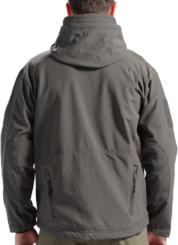 Waterproof fleece-lined outdoor jacket, dark grey back view with hood