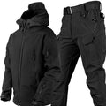 Waterproof fleece-lined outdoor set, black hooded jacket and cargo pants