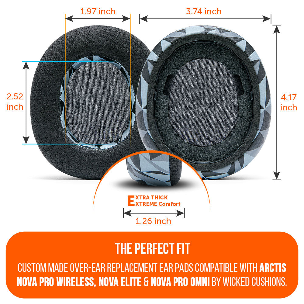 Replacement earpads with blue-trim gel ring and textured foam, front and side measurement view