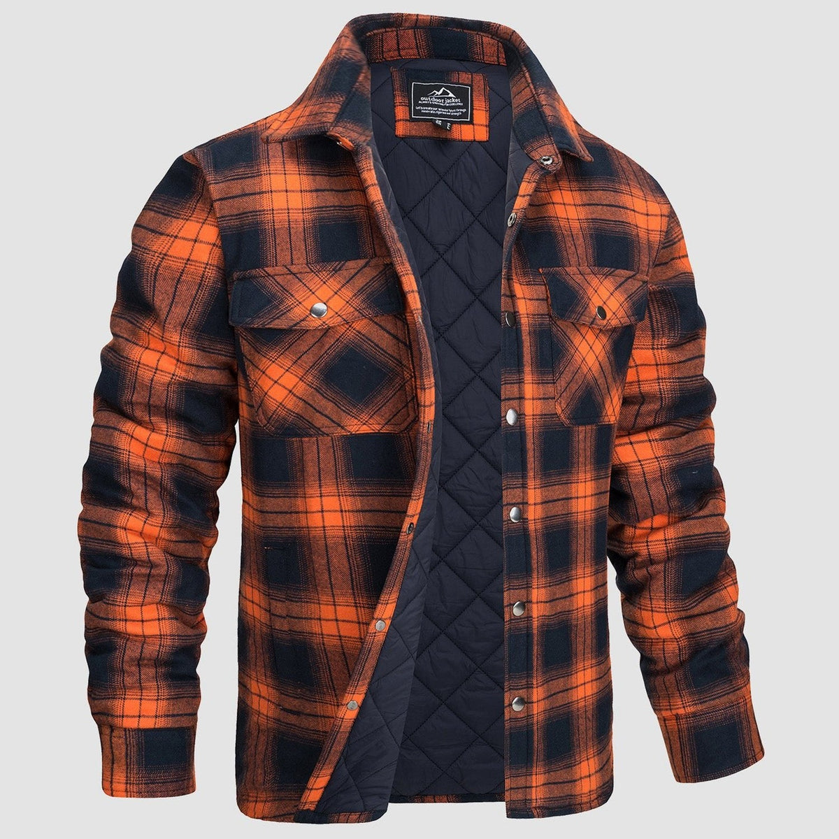 Men's plaid quilted shirt jacket in orange and black plaid with snap button front